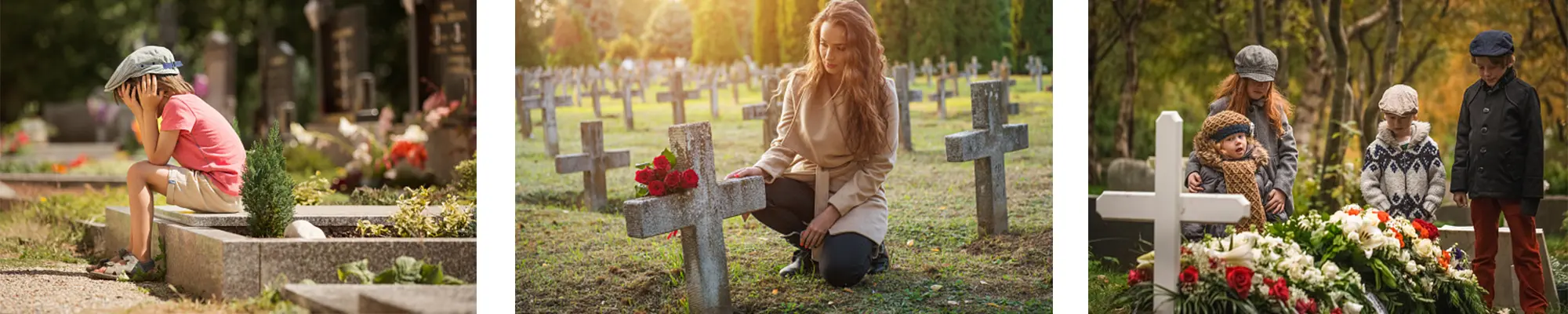 Personen in Trauer vor Kreuzen und Gräbern
